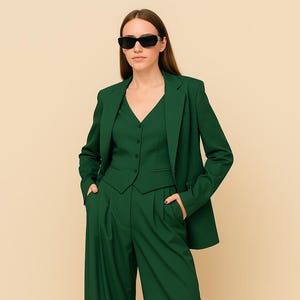 Women’s Green Pantsuit – 3 Piece Wide-Leg Suit Set with Blazer & Waistcoat – Formal Power Suit for Work, Wedding, or Evening – by NAARVI