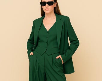 Women’s Green Pantsuit – 3 Piece Wide-Leg Suit Set with Blazer & Waistcoat – Formal Power Suit for Work, Wedding, or Evening – by NAARVI