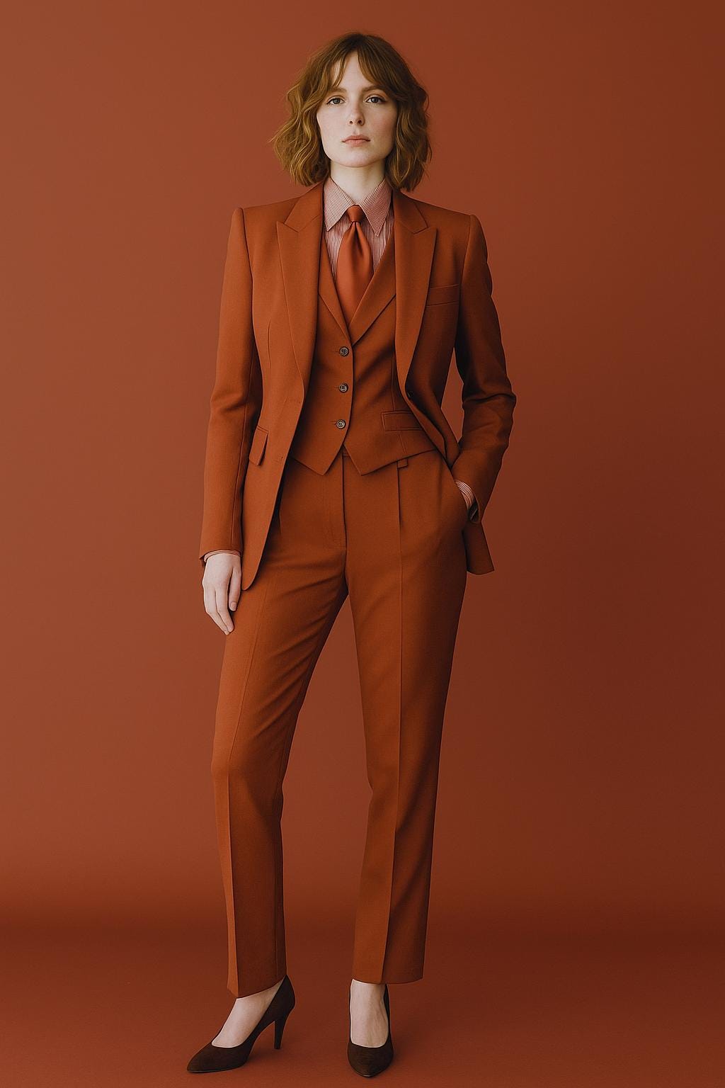 Women’s Rust Three-Piece Suit – Tailored Peak Lapel Blazer, Waistcoat & Trousers – Elegant Formal Wedding Suit Set – Custom fit by NAARVI