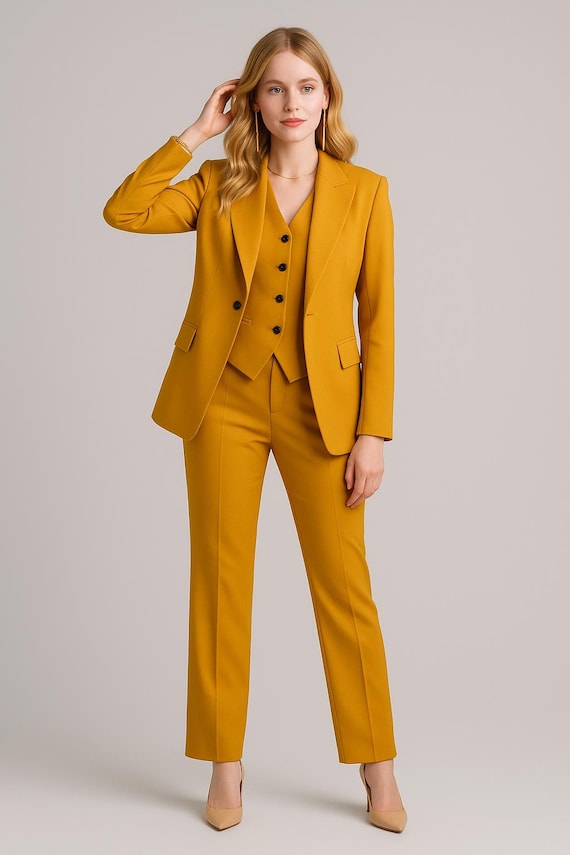 Mustard Yellow Women's Pantsuit: Tailored Blazer, Waistcoat Slim