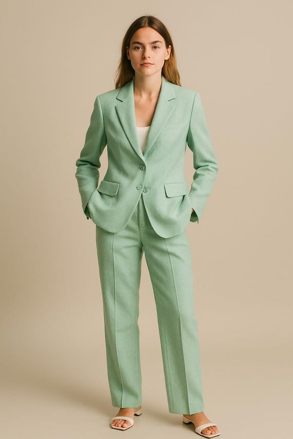 Mint Tailored Suit Set: Handmade Women's Blazer Pants