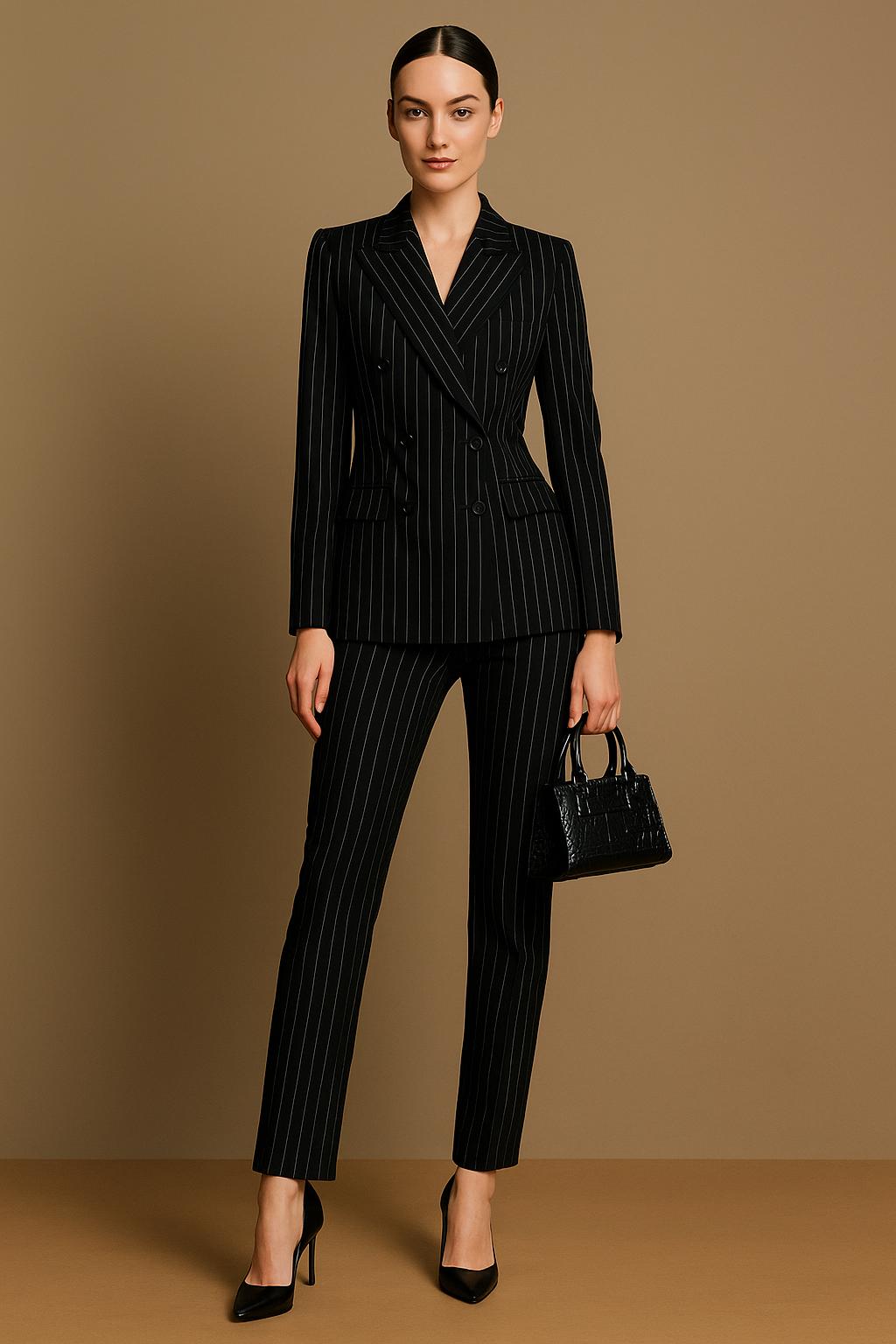 Women’s Pinstripe Suit – Double-Breasted Blazer & Slim Pants – Business Formal Power Suit – Custom Tailored Black Striped Suit Set by NAARVI