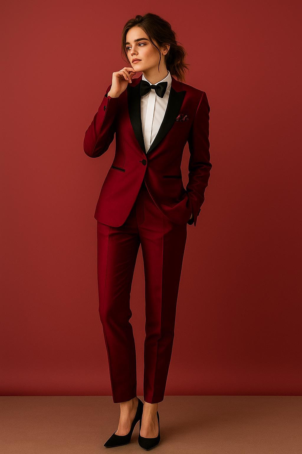 Women’s Maroon Tuxedo Suit – Slim Fit Two-Piece Blazer Set – Formal Partywear Suit for Women – Custom Tailored Pantsuit by NAARVI