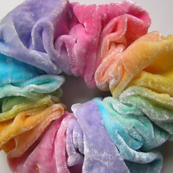 Sumptuous SILK VELVET Scrunchie, hand dyed, soft for hair, pastel rainbow