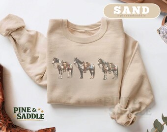 Three Saddled Horses Sweatshirt, Retro 90s Vintage Western Horse Print, Ranch Equestrian Crewneck