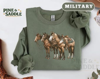 Three Saddled Horses Sweatshirt, Retro 90s Vintage Western Horse Print, Ranch Equestrian Crewneck