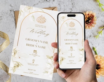 Modèle numérique d'invitation de mariage musulman en arche dorée, design floral en arche dorée. Invitation en ligne modifiable à envoyer aux invités