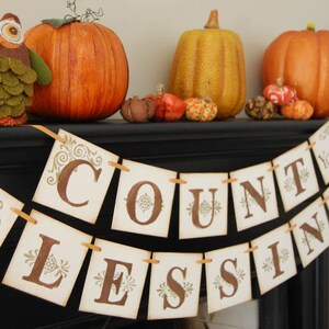 May include: A brown and green owl figurine sits on a black mantel with a banner that reads "Count Your Blessings". The banner is made of white paper with brown lettering and gold accents. There are also several small pumpkins and gourds on the mantel.