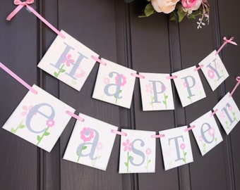 Happy Easter pink floral spring banner garland decoration