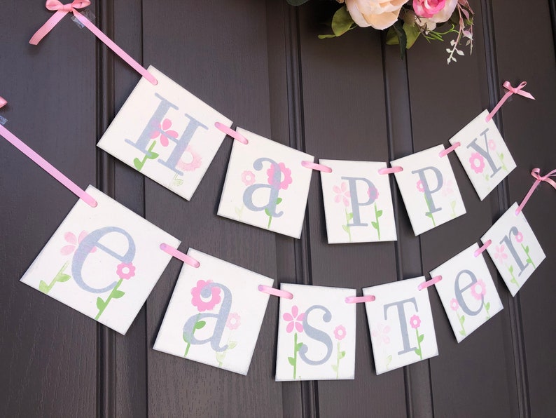 Happy Easter pink floral spring banner garland decoration image 1