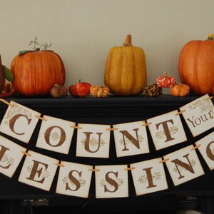 May include: A brown and white banner with the words "Count Your Blessings" hanging on a fireplace mantel. The banner is decorated with small floral designs. There are pumpkins and an owl on the mantel.