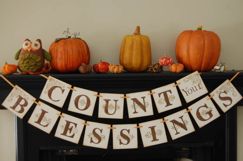 May include: A brown and white banner with the words "Count Your Blessings" hanging on a fireplace mantel. The banner is decorated with small floral designs. There are pumpkins and an owl on the mantel.
