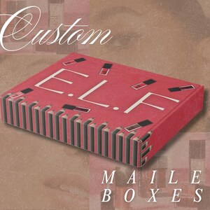 May include: Red E.L.F. mailer box with white lettering and lipstick illustrations. The box has a corrugated edge with alternating gray and white stripes. The word "Custom" is written in cursive at the top.