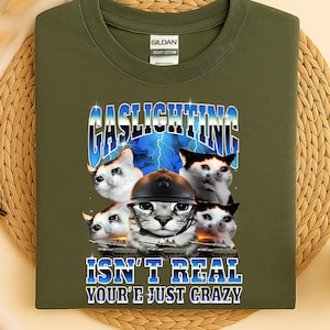 Gaslighting Is Not Real You&#39;re Just Crazy Tummy Ache Cat Meme Shirt, Funny Meme Tee, Ironic Humor Tshirt, Silly Dating, Hinge Retro Top