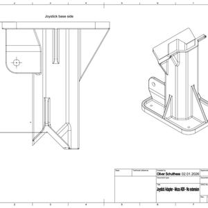 Op de afbeelding: Een technische tekening van een joystickadapter met het label Joystick Adapter - Moza AB9 - No extension. Het zijaanzicht toont een hoogte van 155 mm. De tekening bevat een 3D-isometrische projectie van het onderdeel met een voet en steun.