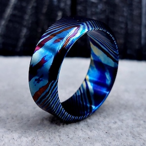 Colorful Titanium Timascus Wedding Ring - Unique Titanium Damascus Wedding Band, Blue-Toned Titanium Mokuti Ring for a Modern Wedding