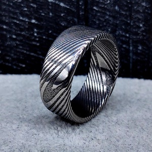 Genuine Damascus Steel Wedding Ring - Stainless Damascus Steel Wedding Band, Woodgrain Metal Ring, Exotic Metal Promise Ring, Rare Ring