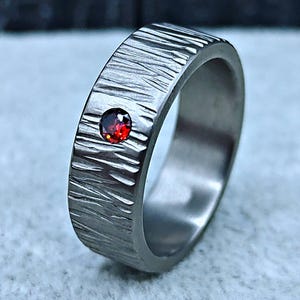Red Stone Titanium Ring, Bark Texture Wedding Band, Rustic Forest Ring, Brilliant Cut Gemstone