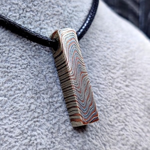 Mokume Gane Bar Pendant – A Woodgrain Metal Masterpiece, Geniune Mokume Gane Necklace, Mixed-metal necklace, Copper Damascus, Square Mokume