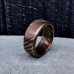 Mokume Gane Ring - Unique Copper  Brass Wedding Band Exotic Woodgrain Metal Promise Ring