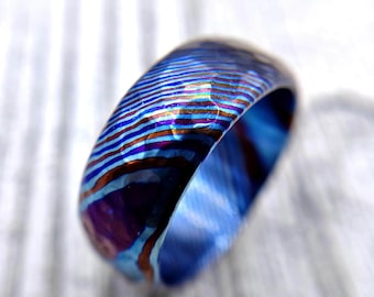 Colorful Titanium Damascus Wedding Ring: Forged Mokuti Timascus Band (10mm)