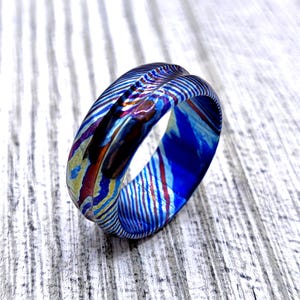 Colorful Rounded Titanium Timascus Wedding Ring With Groove Forged and Hammered Finish - Titanium Damascus Grooved Band, Mokuti Ring