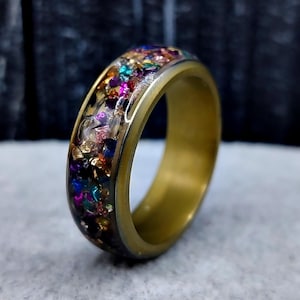 Golden Titanium Ring With Colorful Glass Inlay -  Glamour Rainbow Titanium Ring, Titanium Ring With Rainbow Sand Inlay,Glitter Ring Titanium
