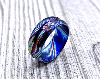 Colorful Timascus Wedding Ring: Forged Titanium Damascus Grooved Band