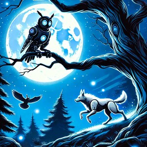 May include: A digital illustration of a robot owl perched on a branch of a tree in a dark blue forest. A full moon shines brightly in the background. A robot wolf runs through the forest. The scene is lit by glowing blue lights.
