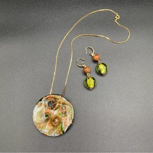 Stunning Murano Green and Gold Glass Pendant and Earring Set - Italian Glass 18k Plated Earrings
