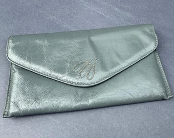 Vintage 1980s Grey Leather Stitched Clutch with Magnetic Closure