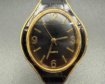 Vintage Avon Bold Cuff Black with Gold-Trimmed Wristwatch - Working