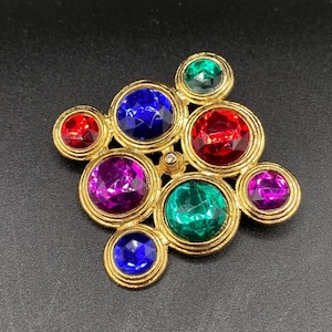 Vintage 80s/90s Colorful Jewel Toned Statement Brooch with Faceted Gems - Glam Gripoix Style