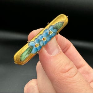 Antike Edwardian Era Handbemalte Blaue Blumen Anstecknadel aus Messing