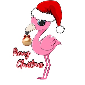 May include: A pink flamingo wearing a red Santa hat and holding a gold Christmas ornament. The text "Merry Christmas" is written below the flamingo.