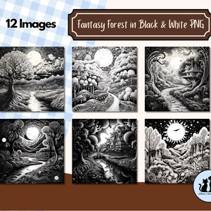 May include: A collection of 12 black and white fantasy forest images. Each image depicts a unique landscape with trees, rivers, and moons. The images are in a PNG format, perfect for digital art projects.