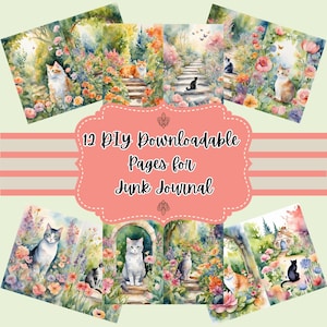 Fairy Tale Garden mit Katzen Digitale Downloads, PDF, 4 Bilder-Bundle, Junk Journal, Seitengröße 19 x 11 cm, Scrapbooking, Kartenherstellung