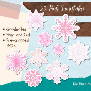 May include: A collection of 29 pink snowflake PNGs in various designs. The image includes text that reads "29 Pink Snowflakes", "Goodnotes", "Print and Cut", and "Pre-cropped PNGs". The snowflakes are in shades of pink and white.