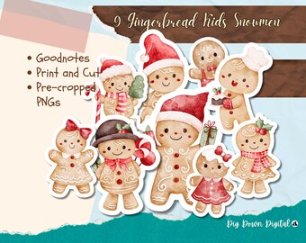 Puede incluir: Nueve pegatinas de muñecos de nieve de niños de pan de jengibre en varias poses, con sombreros, bufandas y regalos. Las pegatinas son de estilo acuarela con un color marrón claro y detalles en rojo. La imagen también incluye texto que dice "Goodnotes", "Print and Cut" y "Pre-cropped PNGs".