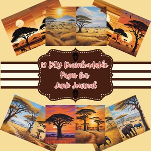 May include: Twelve printable pages featuring African savanna landscapes with sunsets, acacia trees, and elephants. The pages are designed for use in junk journals.