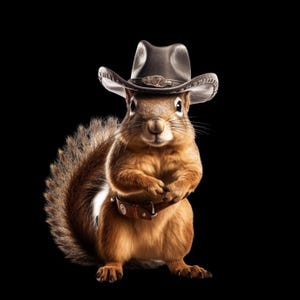 Könnte beinhalten: Ein braunes Eichhörnchen trägt einen braunen Cowboyhut mit schwarzem Band. Das Eichhörnchen schaut direkt in die Kamera.
