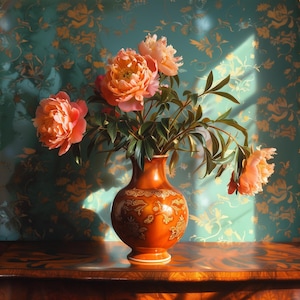 Op de afbeelding: Een boeket roze pioenen in een bruine keramische vaas met gouden accenten. De vaas staat op een houten tafel met een turquoise patroon op de achtergrond.