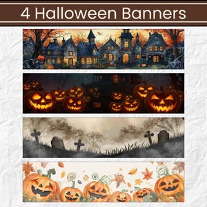 Halloween Banner PNG Bundle | 4 Spooky Wide Headers | Haunted House, Pumpkins & Graveyard | 3000x750