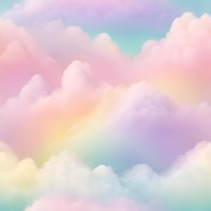 May include: A seamless pattern of pastel pink, blue, and yellow clouds. The clouds are layered and create a soft, dreamy effect.