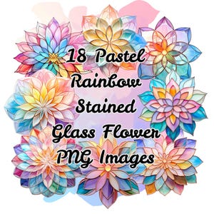 Descargas digitales de flores, estilo vitral pastel, paquete de 18 imágenes prediseñadas, fondo transparente, archivos PNG, 300 DPI