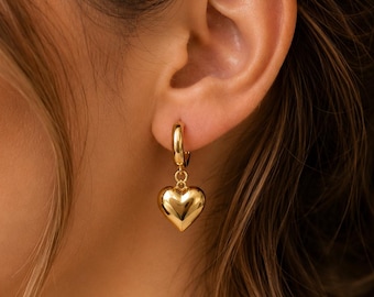 Gold Heart Charm Hoop Earrings: 14K Gold Plated Sterling Silver, Everyday Jewelry