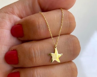 14k Solid Gold Dainty Star Pendant Necklace: Minimalist Celestial Everyday Jewelry, Christmas Gift, Gift For Her