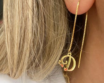 Sterling Silver Initial Threader Earrings: Minimalist Dangle Letter Chain Jewelry, Alphabet Earrings, Mother's Day Gift, Gift For Her