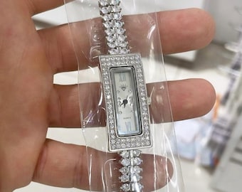 925 Sterling Silver Women’s Luxury Watch, CZ Diamond Bridal Bracelet Watch, Vintage Oval Quartz Watch, Elegant Gift for Her,Christmas Gift