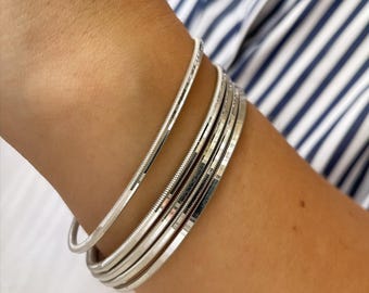 925 Sterling Silver Thin Bangles: Hammered Stacking Bracelets, Minimalist Style, Christmas Gift, Anniversary Gift